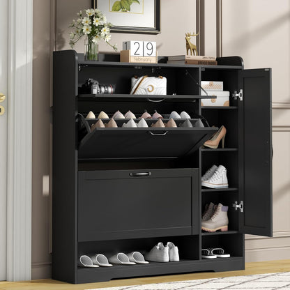 Shoe Cabinet with 2 Flip Drawers & 1 Drawer, Shoe Storage Cabinet with Sidecabinet for Entryway, Slim Freestanding Shoe Cabinet Organizer with Adjustable shelf, Narrow Hidden Shoe Rack, Black