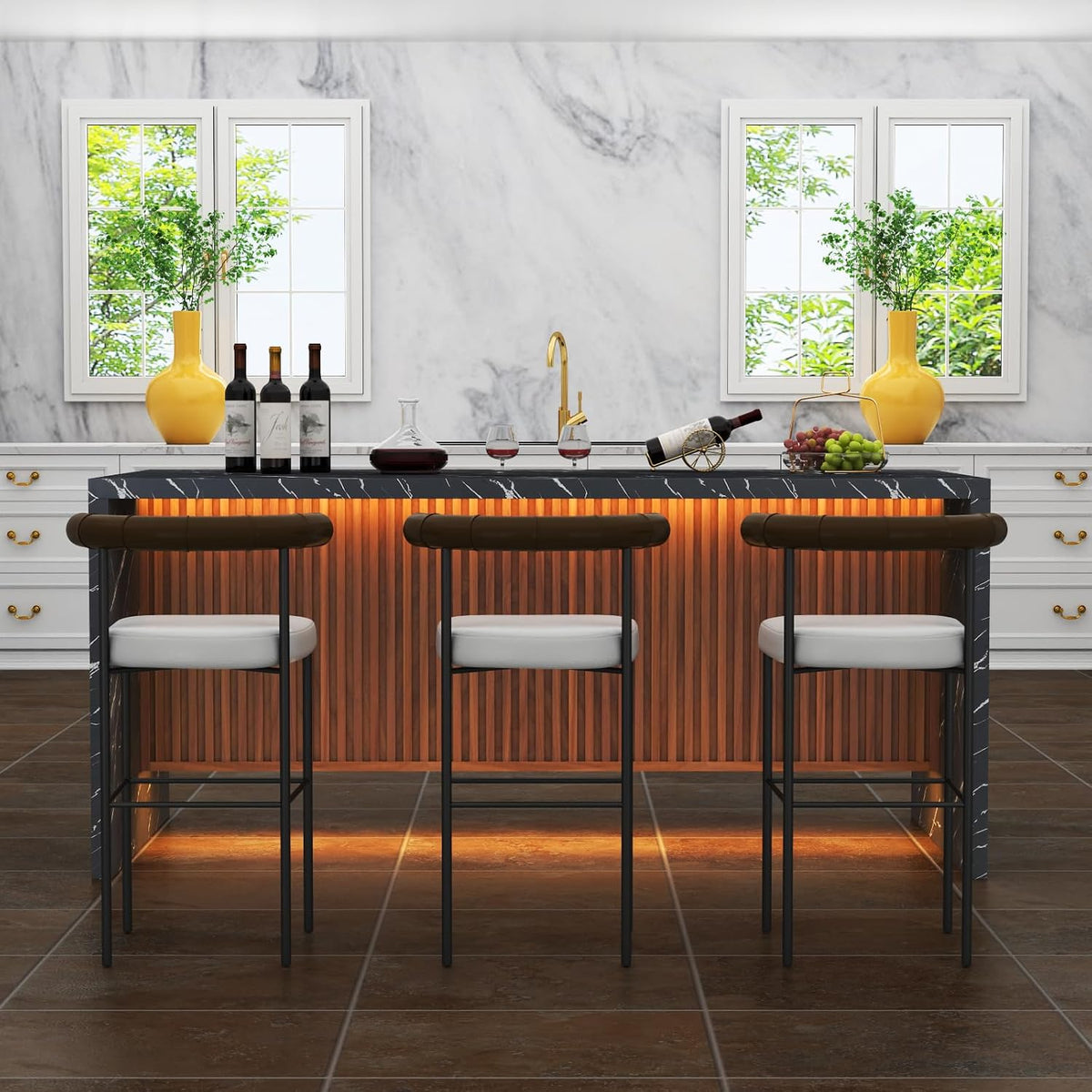 71" Large Imitation Marble Dining Table for 6-8 People, with LED Lights