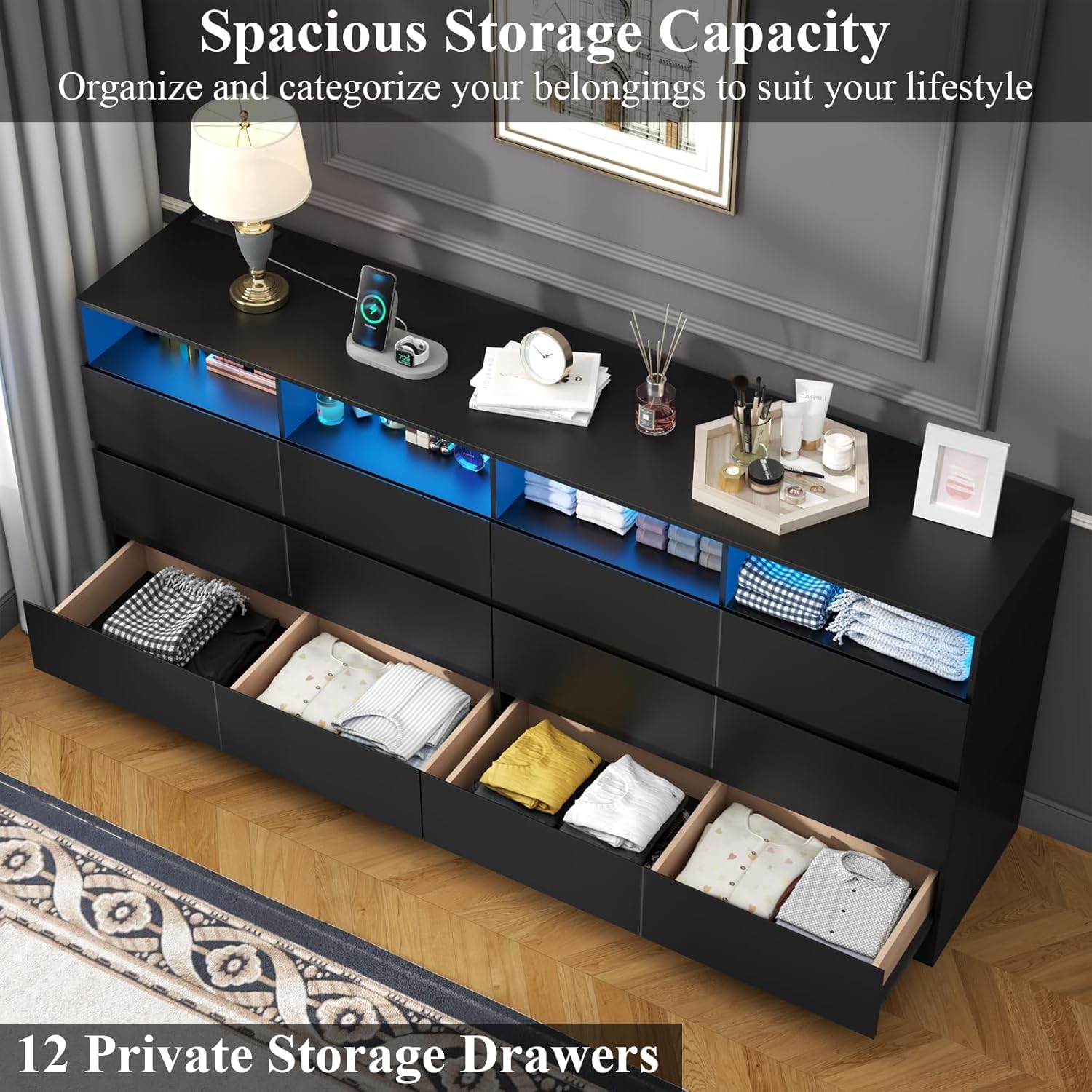 63" Wide 6-Drawer Black Dresser with Divided Compartments, Charging Station & LED Lights, TV Stand for TVs up to 75", Large Organizer with 4 Open Cubbies