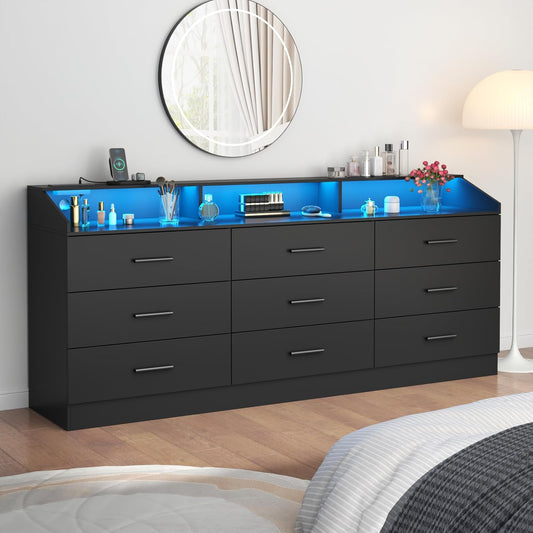 9 Drawers Dresser for Bedroom with Power Outlet, Chest of Drawers with LED Light, Modern Dressers with Open Storage Cubby, Triple Wide Dressers Organizer for Living Room (Black-)