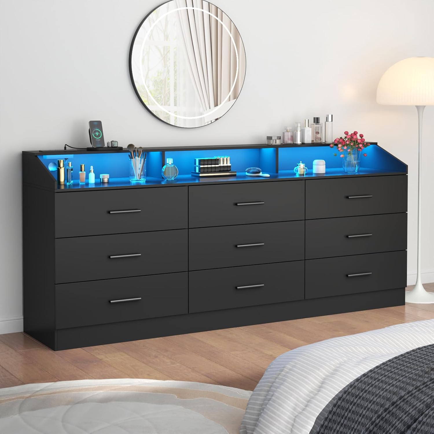 9 Drawers Dresser for Bedroom with Power Outlet, Chest of Drawers with LED Light, Modern Dressers with Open Storage Cubby, Triple Wide Dressers Organizer for Living Room (Black-)