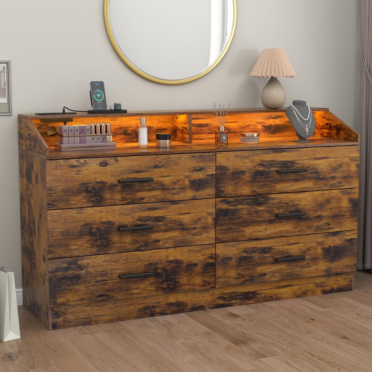 6 Drawer Dresser for Bedroom with Charging Station, Dresser with LED Light, Chest of Drawers for Closet, Modern Dressers with Open Storage Cubby, Double Wide Dressers (White, 6 Drawers)