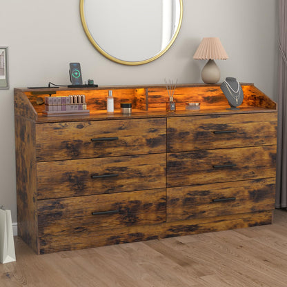 6 Drawer Dresser for Bedroom with Charging Station, Dresser with LED Light, Chest of Drawers for Closet, Modern Dressers with Open Storage Cubby, Double Wide Dressers (White, 6 Drawers)