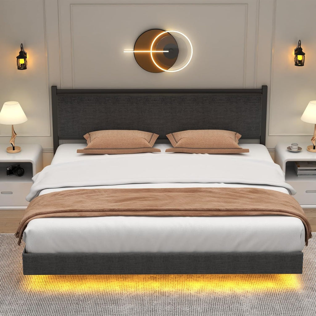 King Floating Bed Frame with LED Light, Modern Upholstered Platform Bed Frame with Double Beams, No Box Spring Needed, Innovative Stable Structure, Easy Assemble (Grey, King (U.S. Standard))