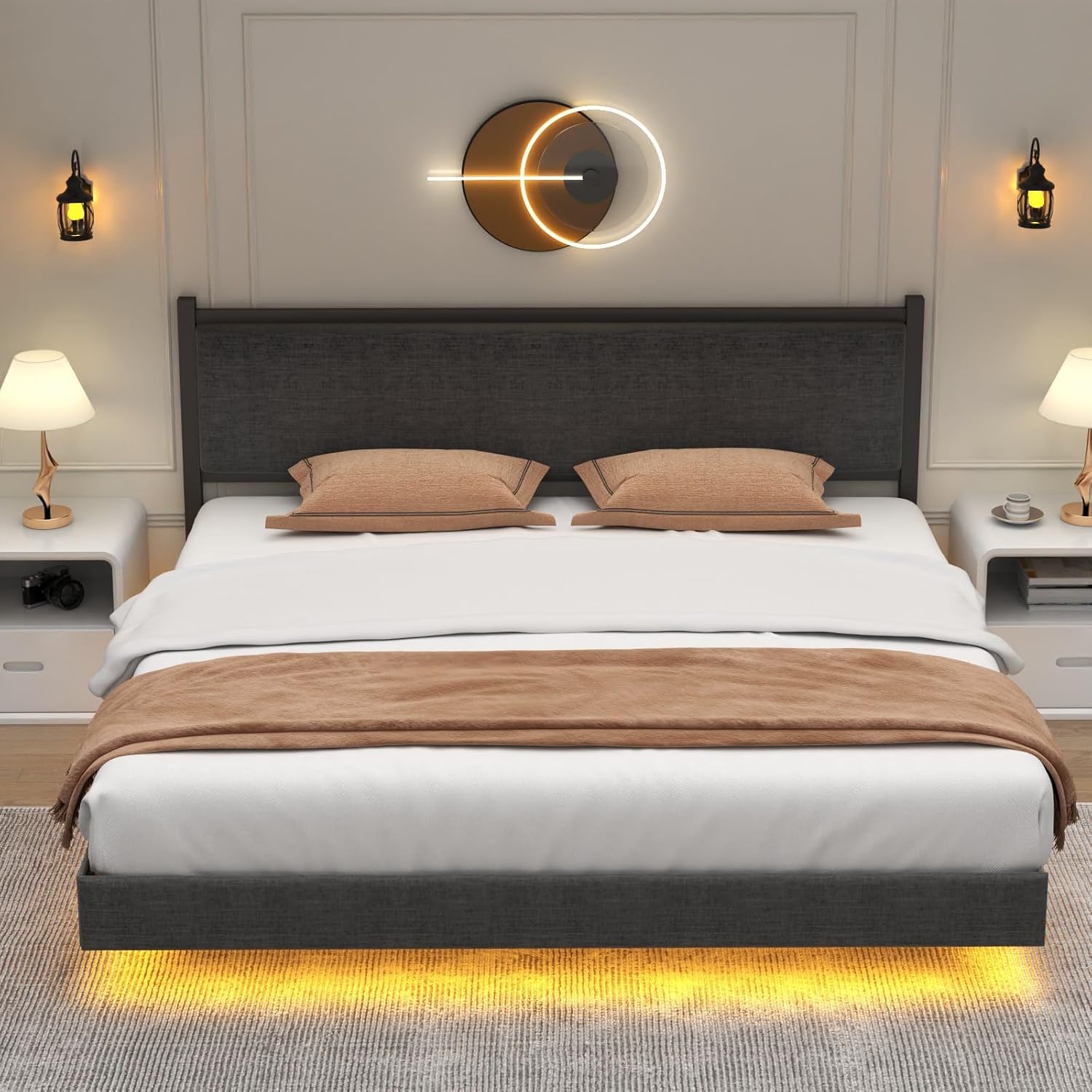 King Floating Bed Frame with LED Light, Modern Upholstered Platform Bed Frame with Double Beams, No Box Spring Needed, Innovative Stable Structure, Easy Assemble (Grey, King (U.S. Standard))
