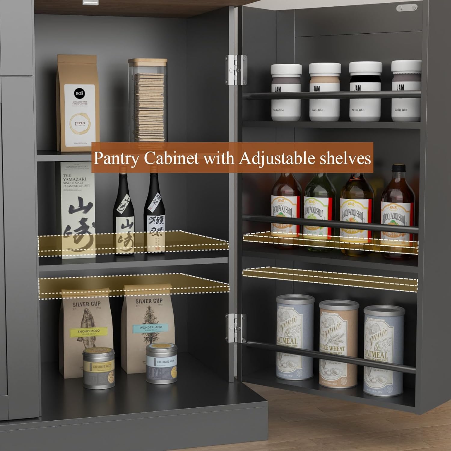 Sideboard Buffet Cabinet with 2 Drawers, Farmhouse Kitchen Pantry with Adjustable Shelves, Coffee Bar Cupboard Cabinet with 3 Doors for Kitchen, Dining Room (Black)