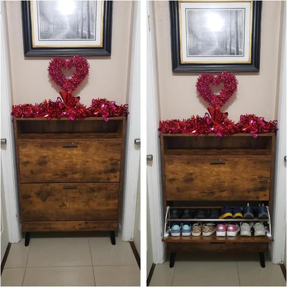 Entryway Shoe Storage Cabinet with 2 Flip Drawers, FreestandingShoe Organizer with Open Storage Space for Entryway, Narrow Shoe Rack Cabinet wih Rustic Brown Finsh (Rustic)