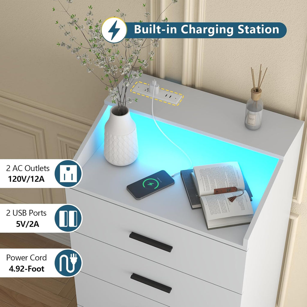 3 Drawer Dresser for Bedroom with Power Outlet, White Dresser with LED Light, Modern Dressers with Open Storage Cubby, Chest of Drawers Storage Organizer for Hallway, Living Room (White)…