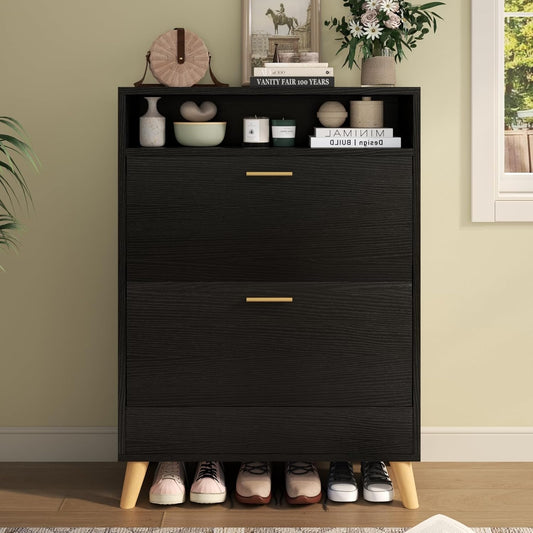 Entryway Shoe Storage Cabinet with 2 Flip Drawers, FreestandingShoe Organizer for Entryway, Narrow Shoe Rack Cabinet (Black)