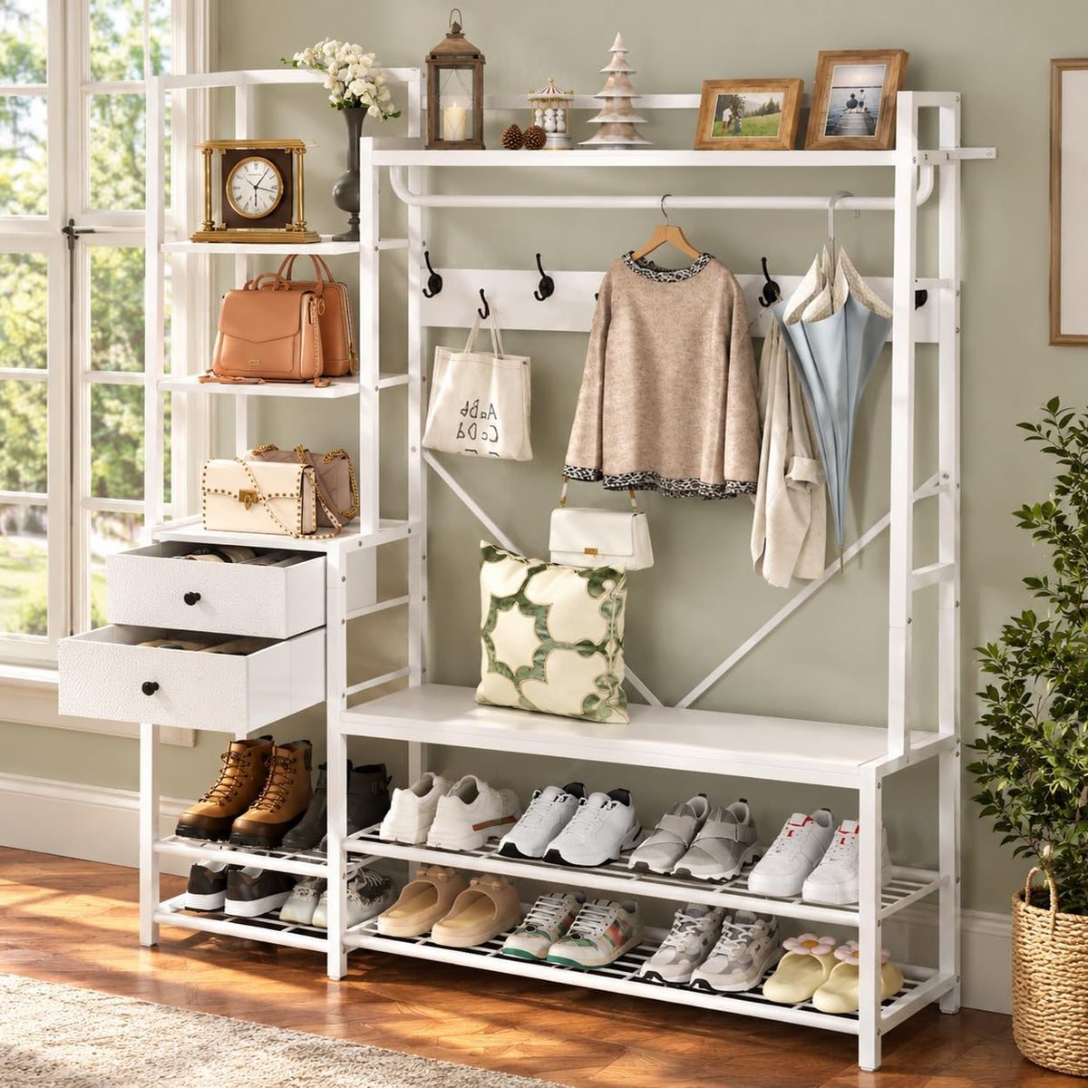 White Hall Tree with Bench and Shoe Storage, 55" Wide Entryway Coat Rack