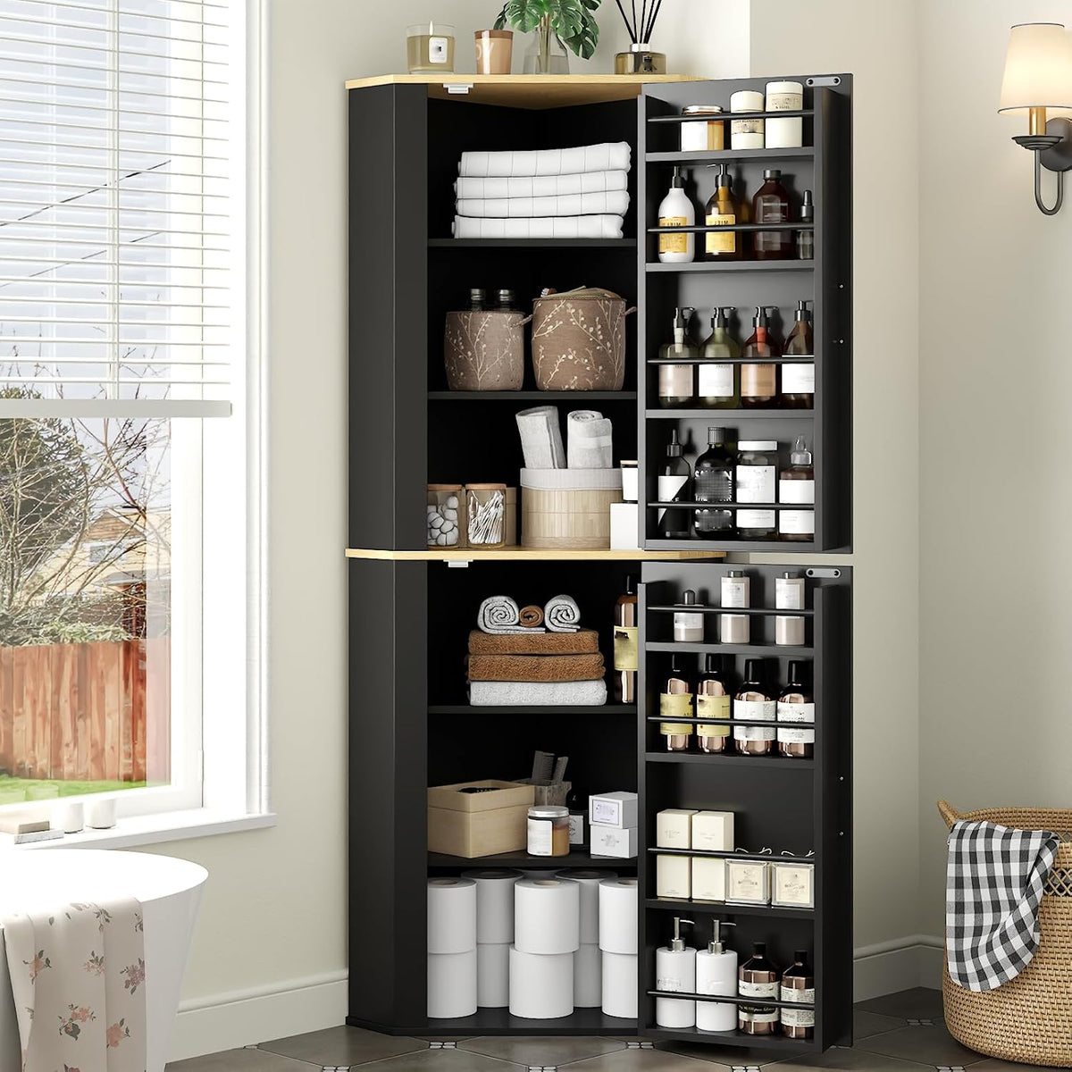 Gyfimoie Corner Cabinet, Freestanding Kitchen Pantry Storage Cabinet, Black