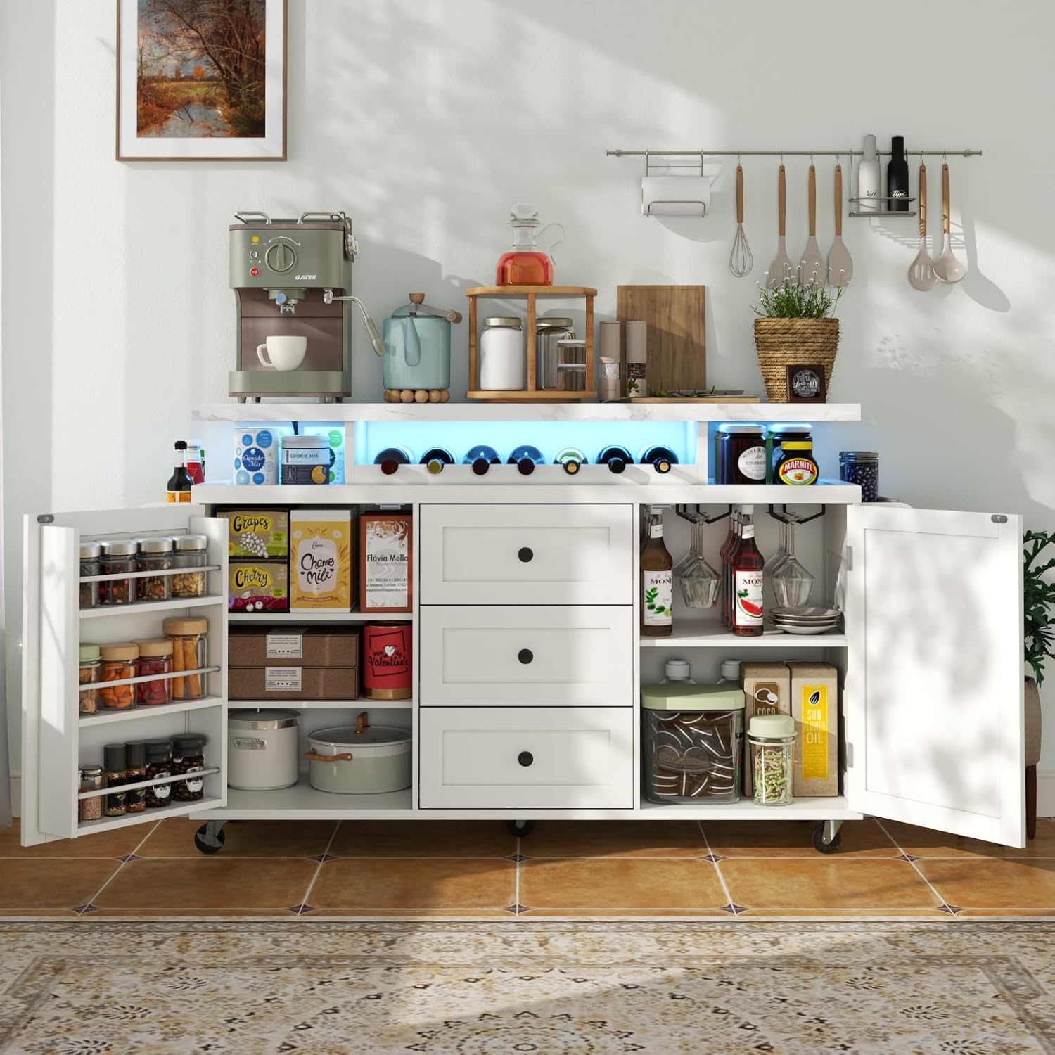 Rolling Kitchen Island Cart with Storage, Kitchen Island on Wheels with LED Lights & 3 Drawers, Side Table with Spice Rack & Towel Rack, Large Mobile Islands Table for Dining Room, White