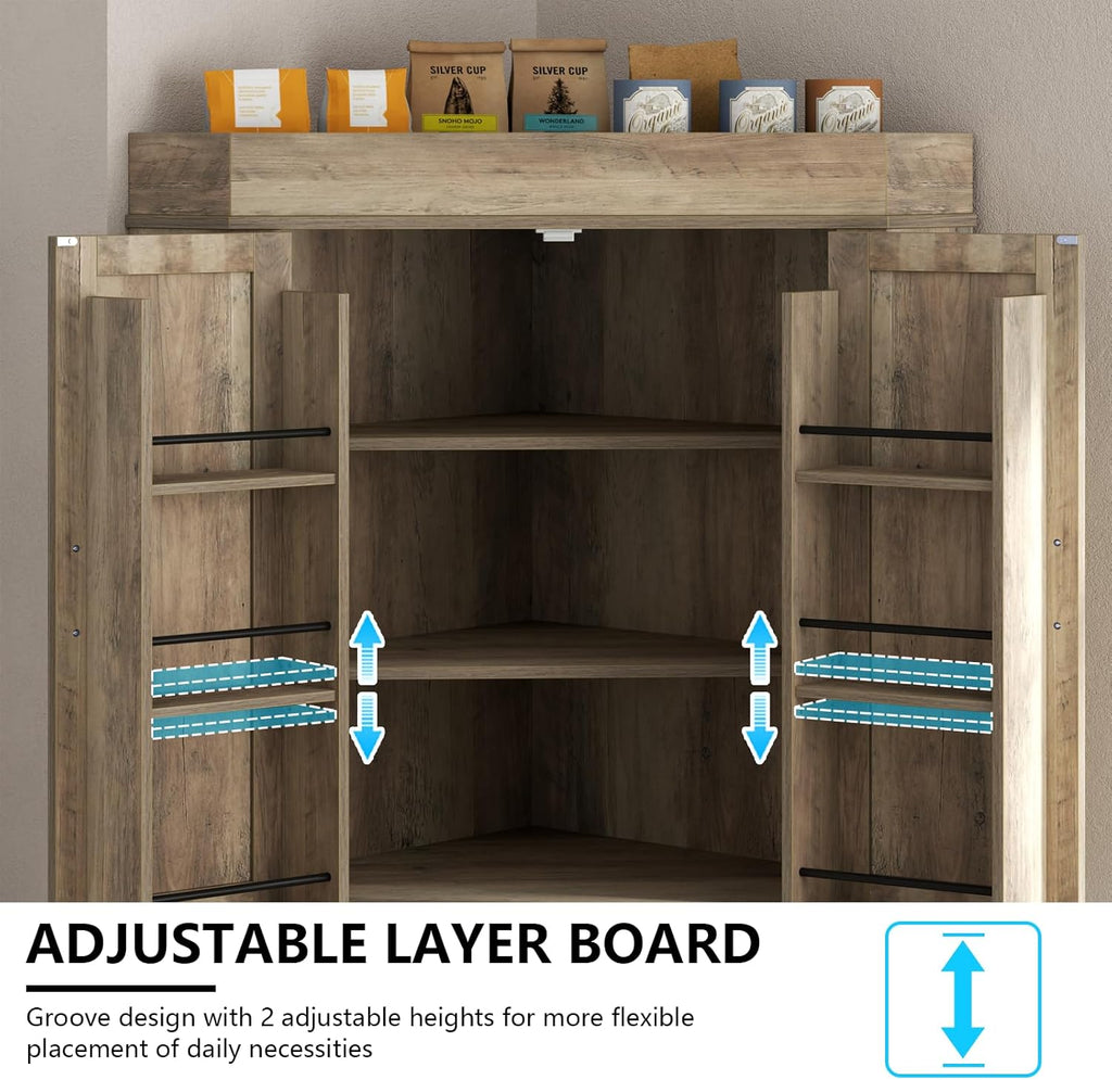 Corner Cabinet,Kitchen Pantry Storage Cabinet,Freestanding Buffet Hutch with 4 Doors and Shelves,Tall Food Pantry Farmhouse Furniture with Side Rack for Kitchen Dining Room(Retro)