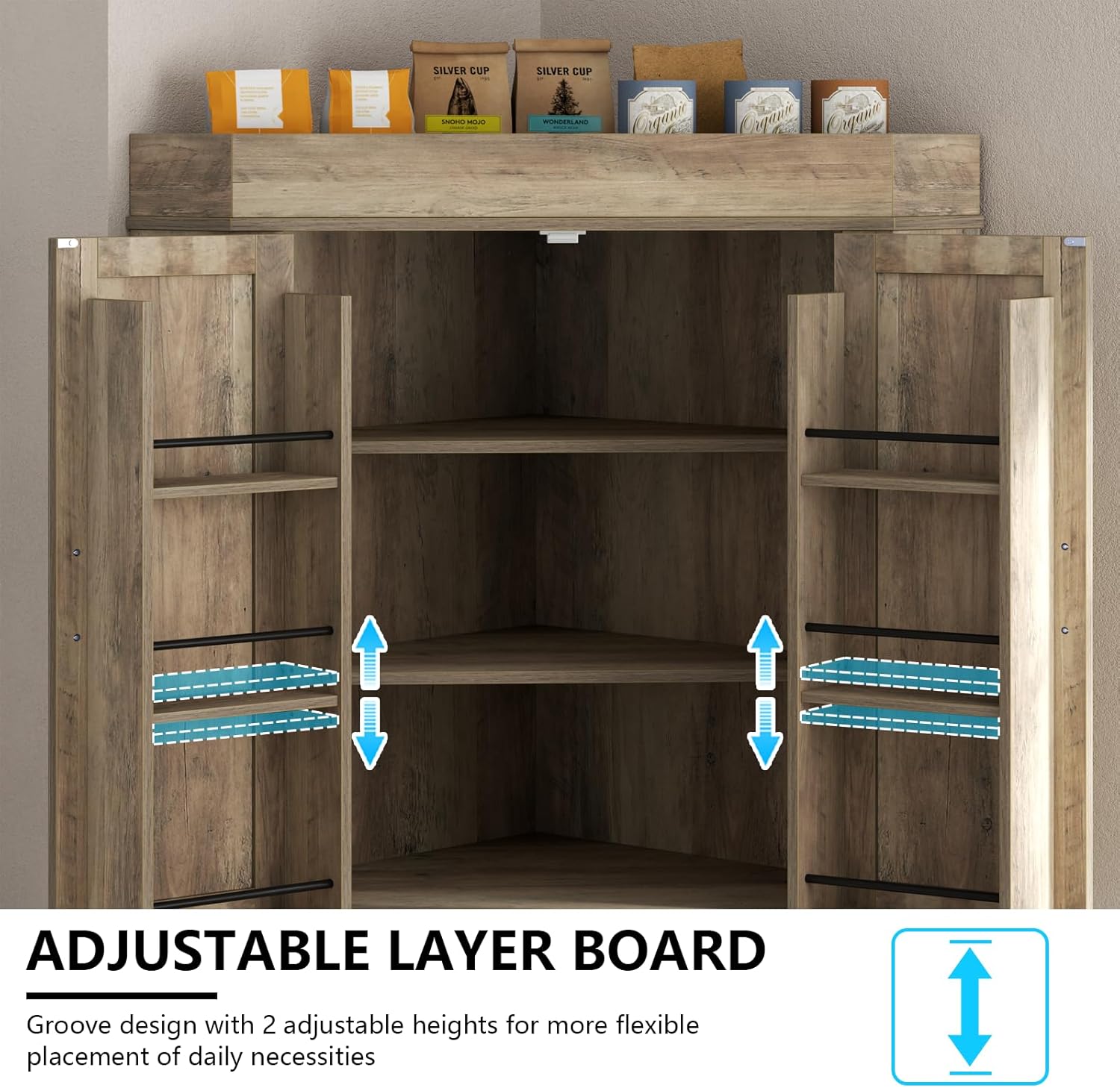 Corner Cabinet,Kitchen Pantry Storage Cabinet,Freestanding Buffet Hutch with 4 Doors and Shelves,Tall Food Pantry Farmhouse Furniture with Side Rack for Kitchen Dining Room(Retro)