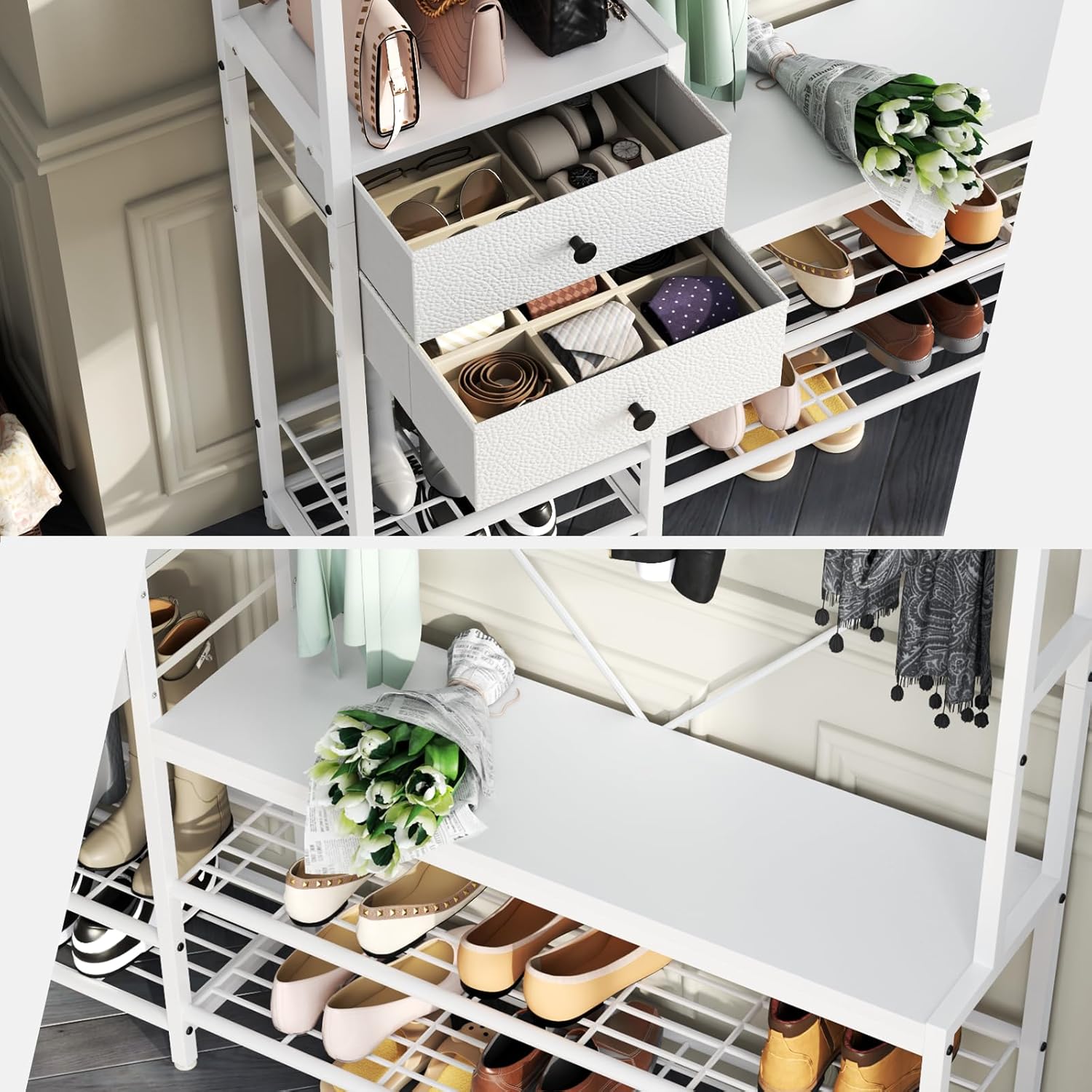 7-in-1 Hall Tree with Bench and Shoe Storage for Entryway, Entryway Bench with Coat Rack, Storage Shelves, Shoe Race, Coat Hooks and 2 Fabric Drawers for Hallway(White)