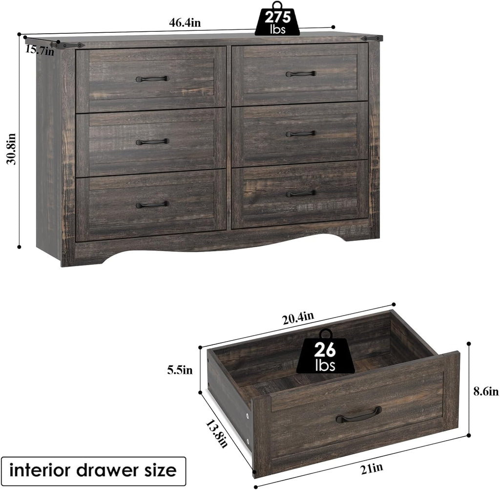 Farmhouse Dresser for Bedroom, Chest of Drawers with Natural Texture, Accent Storage Cabinet for Closet,Living Room (Dark Rustic Oak, 15.7" D x 46.4" W x 30.8" H(6 Drawers))