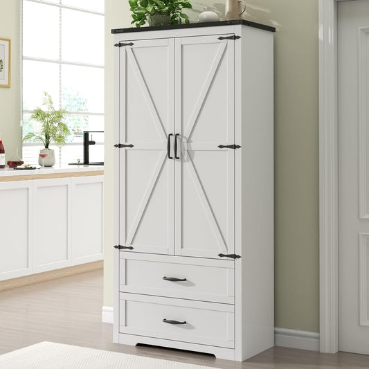 Tall Farmhouse Kitchen Cabinet with Sensor Light, Food Pantry Cabinet with 2 Large Drawers and Adjustable Shelves, Traditional Freestanding Cupboard with Doors for Kitchen (White)