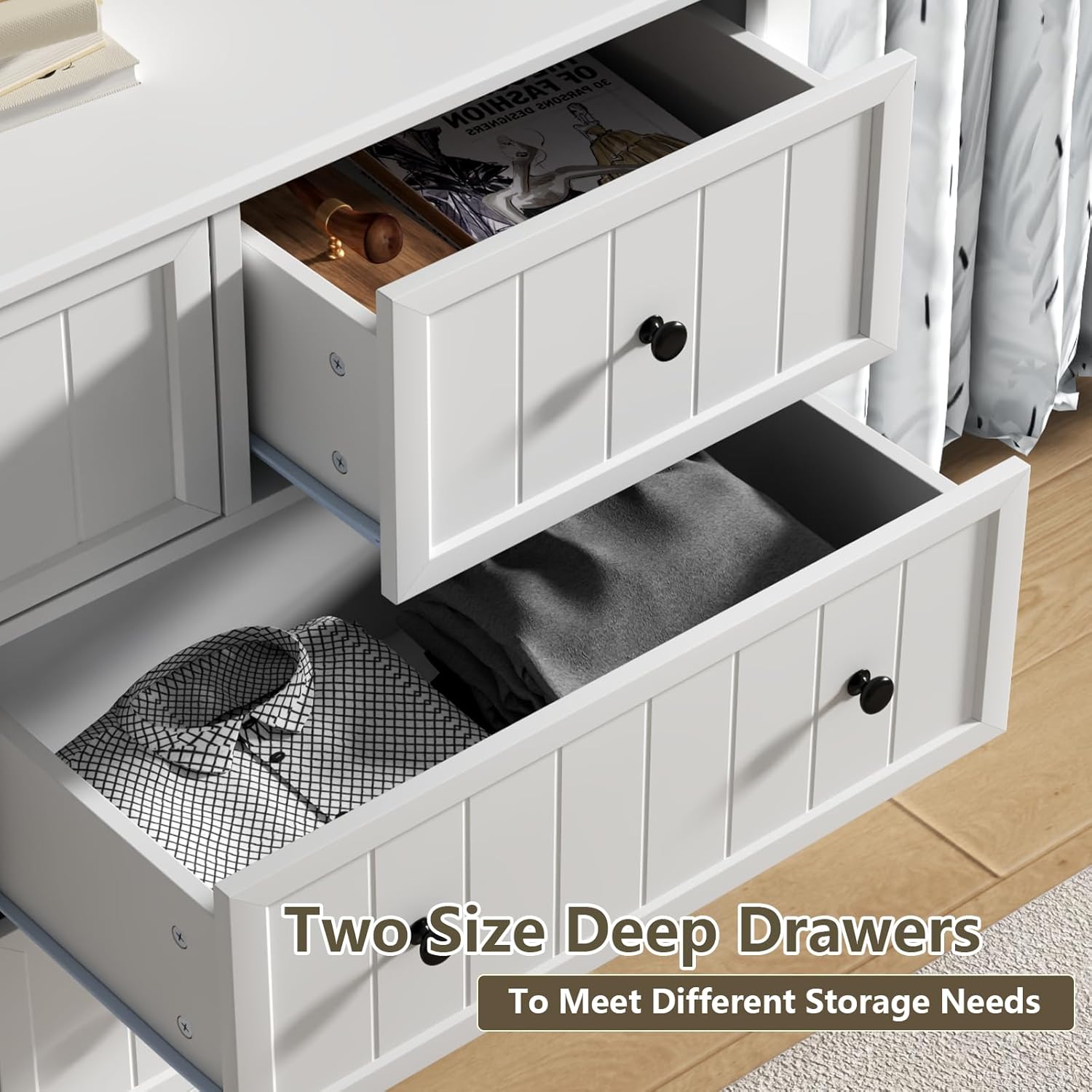 Farmhouse 7 Drawers Dresser for Bedroom, White Dresser Chest of Drawers, Wood Storage Dressers with Deep Drawers and Metal Handle, Wide Modern Dressers & TV Stand for Living Room, Closet, Hallway