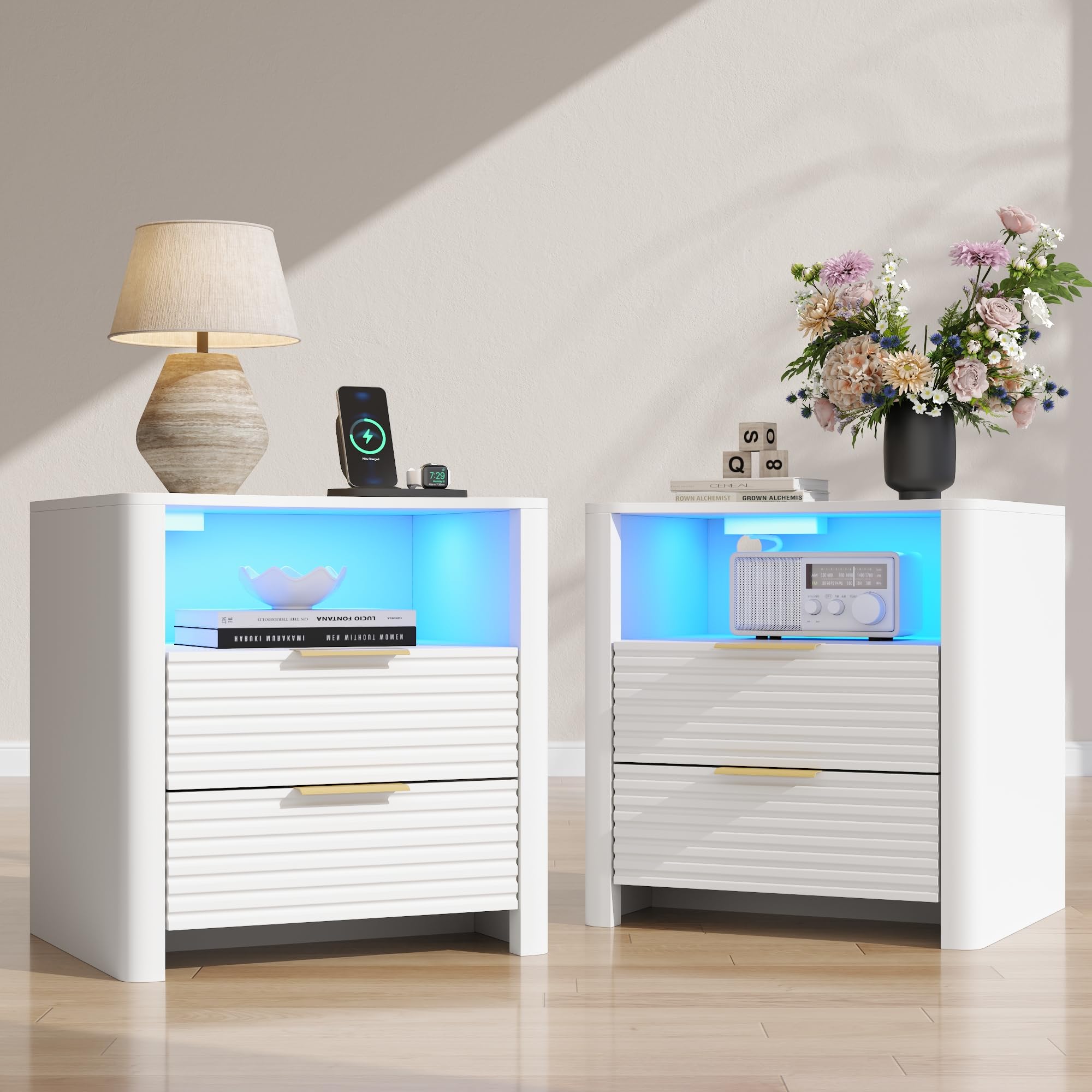 Fluted Night Stand with Charging Station, White Nightstand with LED Lights, Modern Bedside Table with 2 Large Drawers, End Table with Open Storage Shelf, Night Stands for Bedroom, Living Room