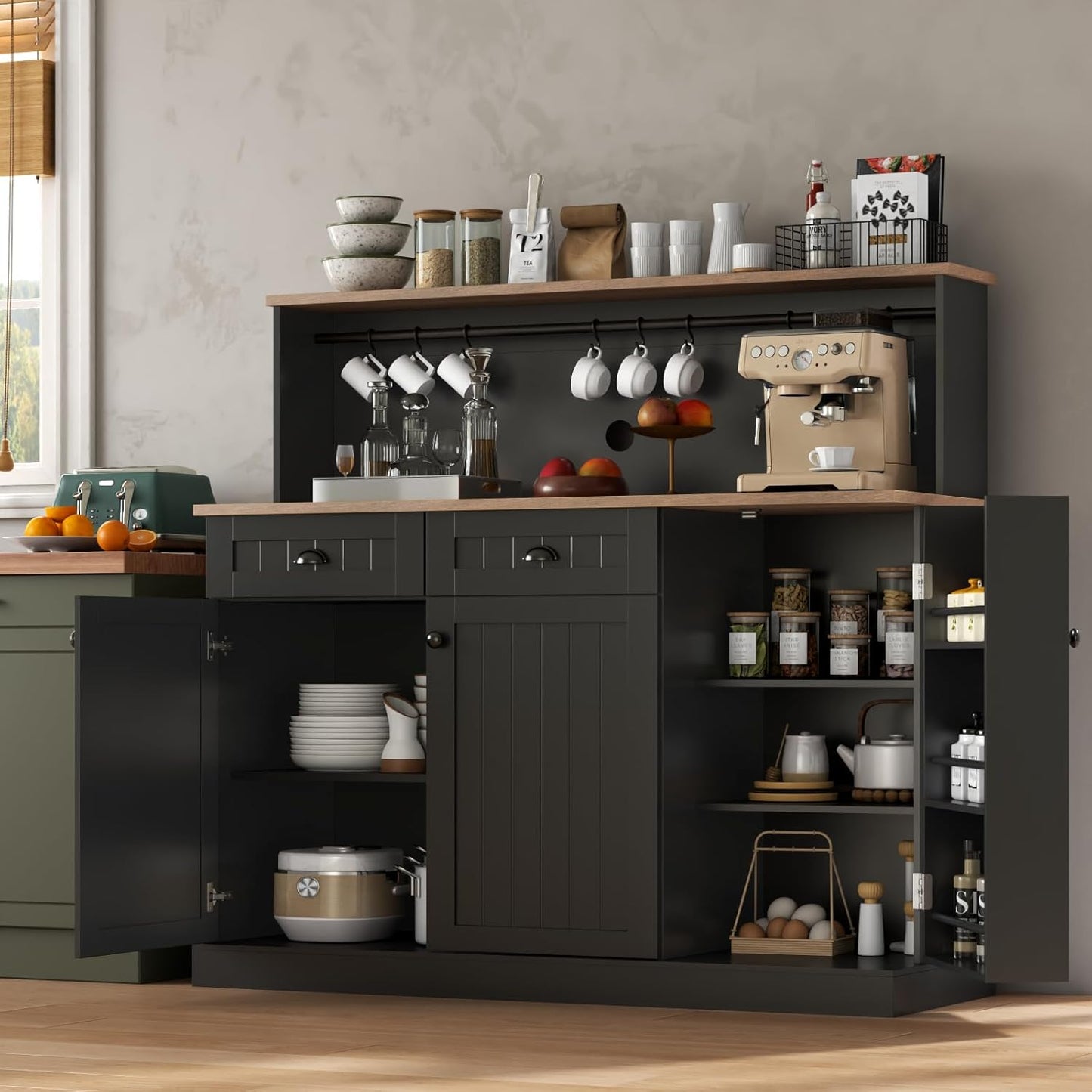 Sideboard Buffet Cabinet with 2 Drawers, Farmhouse Kitchen Pantry with Adjustable Shelves, Coffee Bar Cupboard Cabinet with 3 Doors for Kitchen, Dining Room (Black)