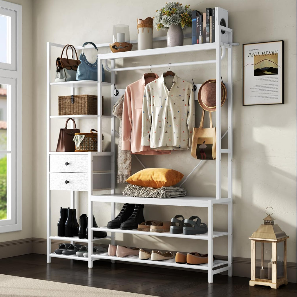7-in-1 Hall Tree with Bench and Shoe Storage for Entryway, Entryway Bench with Coat Rack, Storage Shelves, Shoe Race, Coat Hooks and 2 Fabric Drawers for Hallway(White)