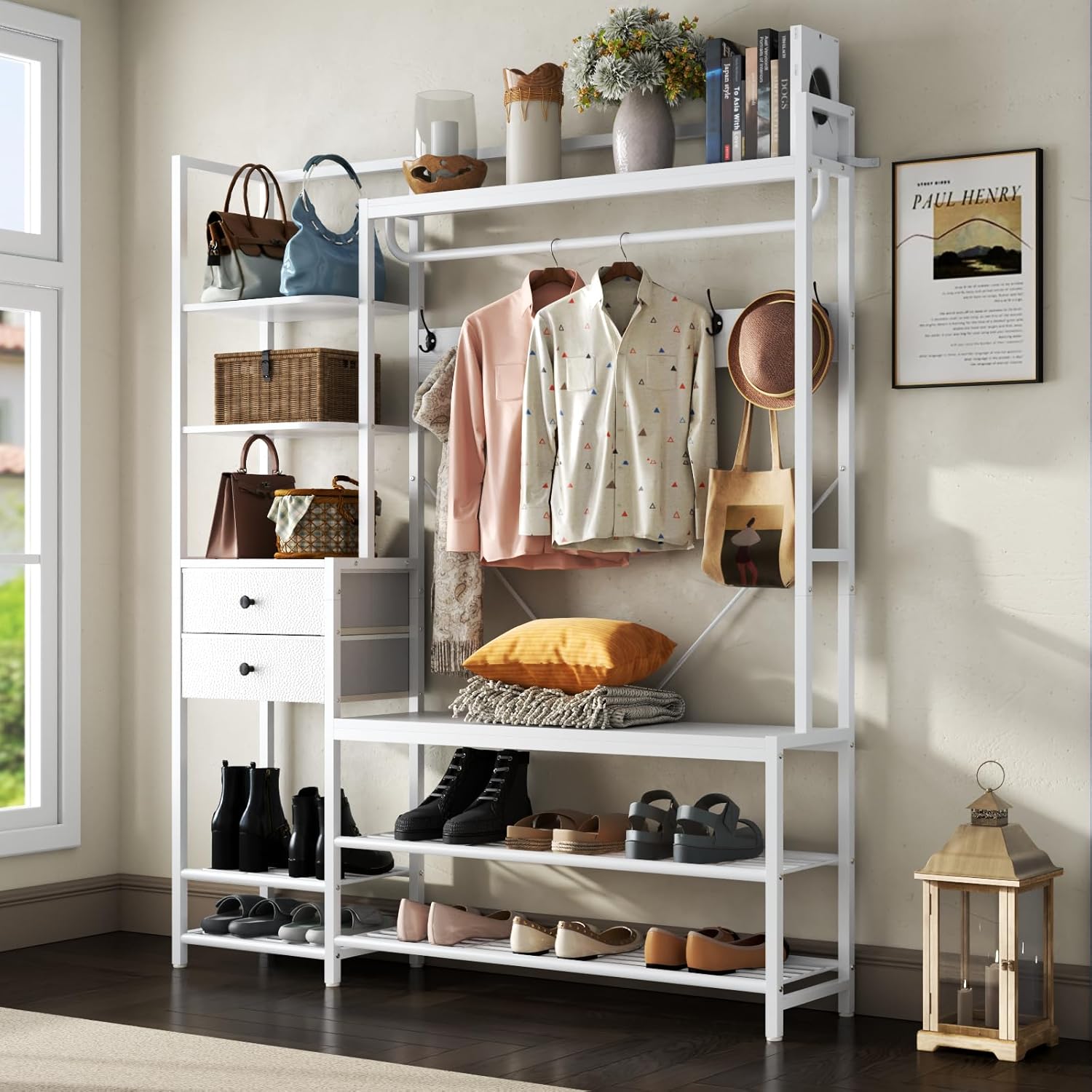 7-in-1 Hall Tree with Bench and Shoe Storage for Entryway, Entryway Bench with Coat Rack, Storage Shelves, Shoe Race, Coat Hooks and 2 Fabric Drawers for Hallway(White)