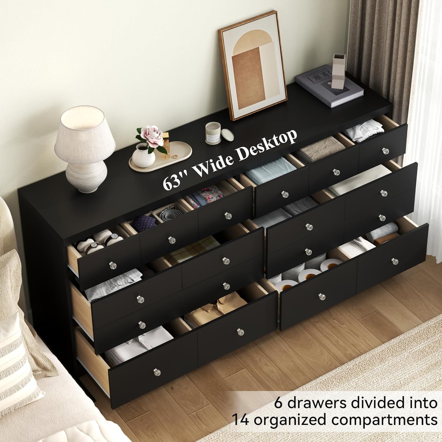 63'' Long Dresser for Bedroom, Modern 6 Drawer Dresser with 14 Organized Compartments & Glass Handles, Extra Large Chest of Drawers with Drawer Storage, Double Wide Black Wood Dressers for Bedroom