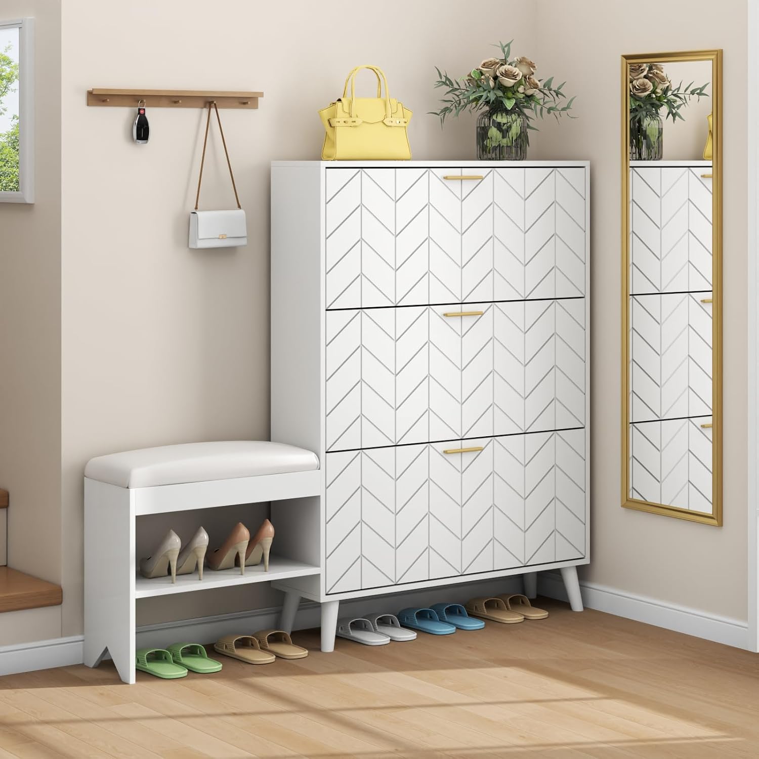 Shoe Storage Cabinet with 3 Flip Drawers, Shoe Cabinet with Bench & Open Shelf for Entryway, Freestanding Narrow Hidden Shoe Rack Organizer with Solid Wood Legs for Hallway (White)