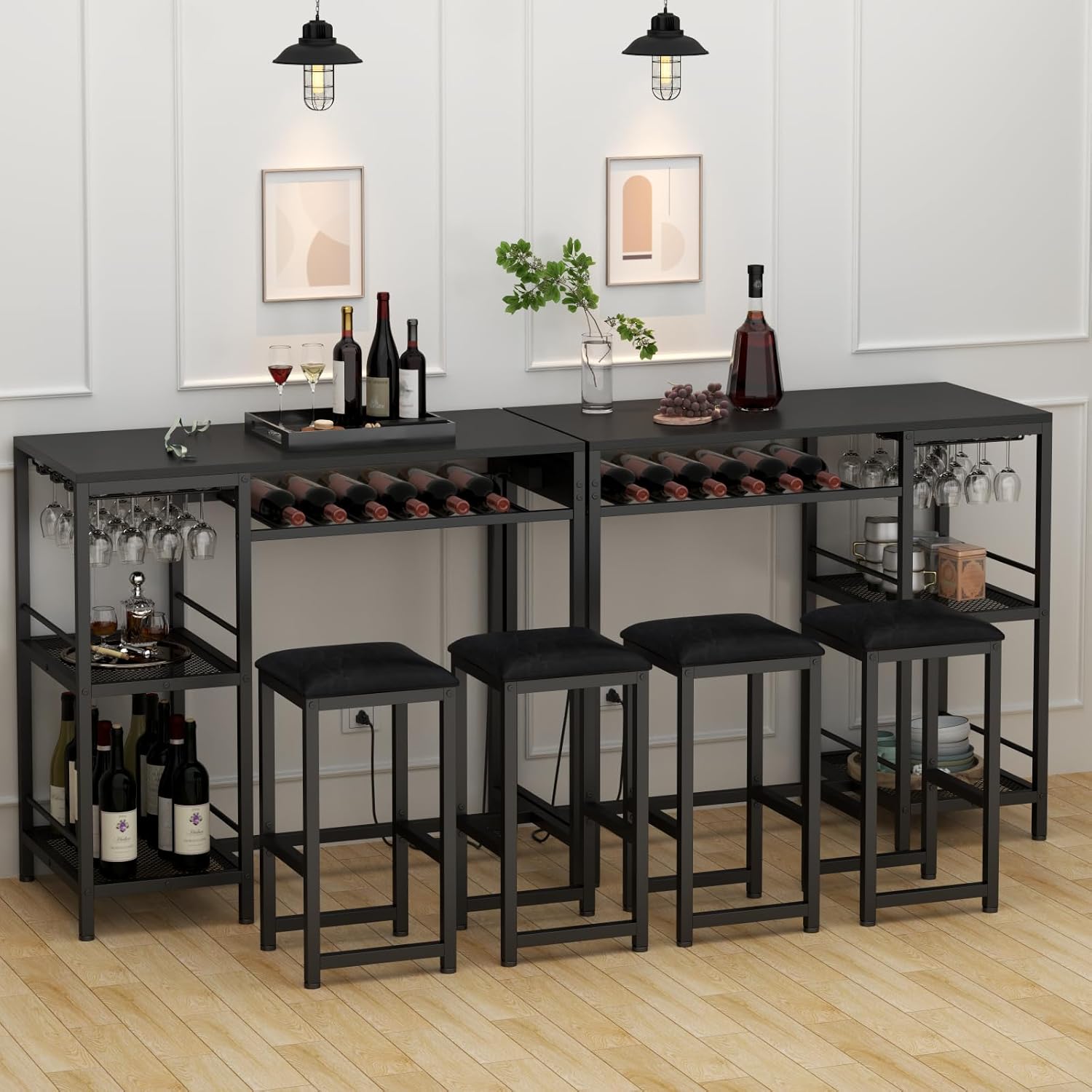 Bar Table and Chairs Set with Power Outlet, Pub Table and Chairs Set for 2 with 2 Storage Shelves, 3 Piece Table Set with Wine Rack&Glass Holder for Living Room,Dining Room,Small Apt (Black)