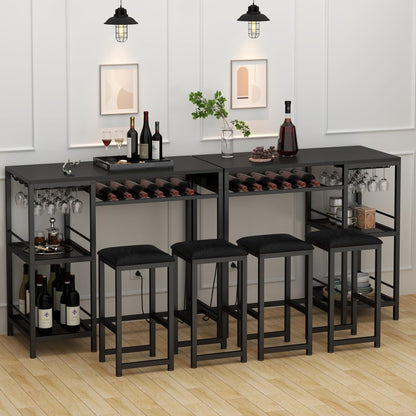 Bar Table and Chairs Set with Power Outlet, Pub Table and Chairs Set for 2 with 2 Storage Shelves, 3 Piece Table Set with Wine Rack&Glass Holder for Living Room,Dining Room,Small Apt (Black)