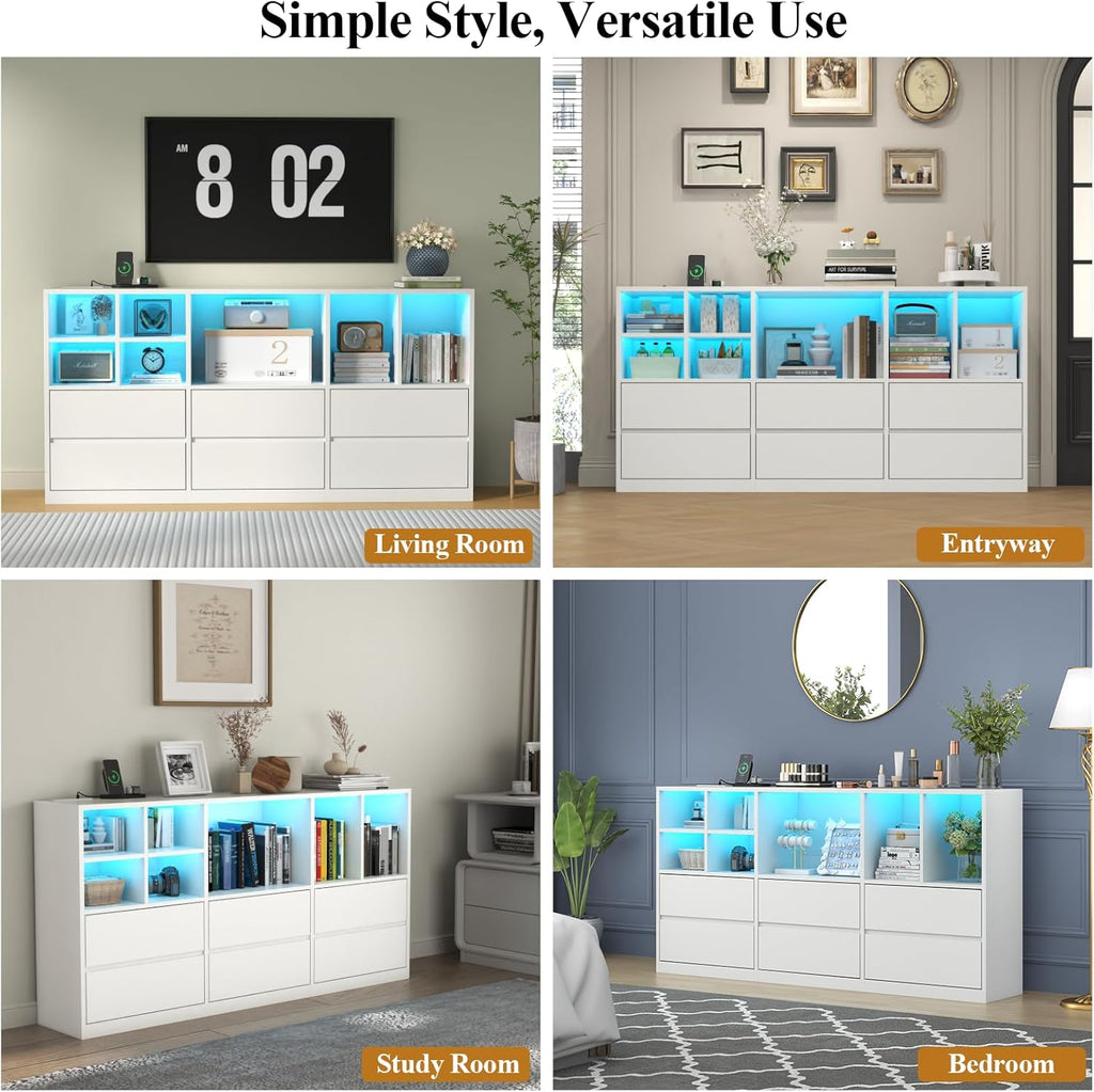 6 Drawers Dresser with 7 Storage Cubbies, LED Chest of Drawers with Power Outlet, 63" Triple Wide Long Dresser Organizer for Bedroom, Modern TV Stand with Open Shelf for Living Room, Entryway (White)