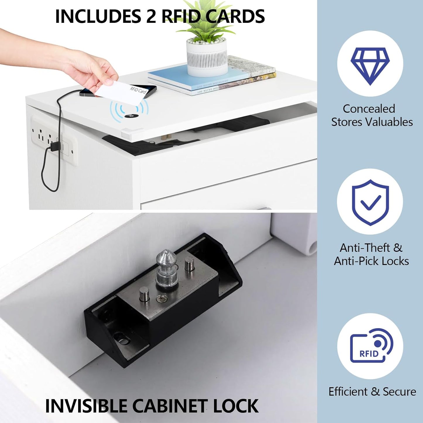 White Nightstand Set of 2 with Charging Station & RFID Lock Cabinet, Hidden Night Stand with LED Lights, Modern Bedside Table with Drawer & Valuables Storage, Secret Concealment Nightstand for Bedroom