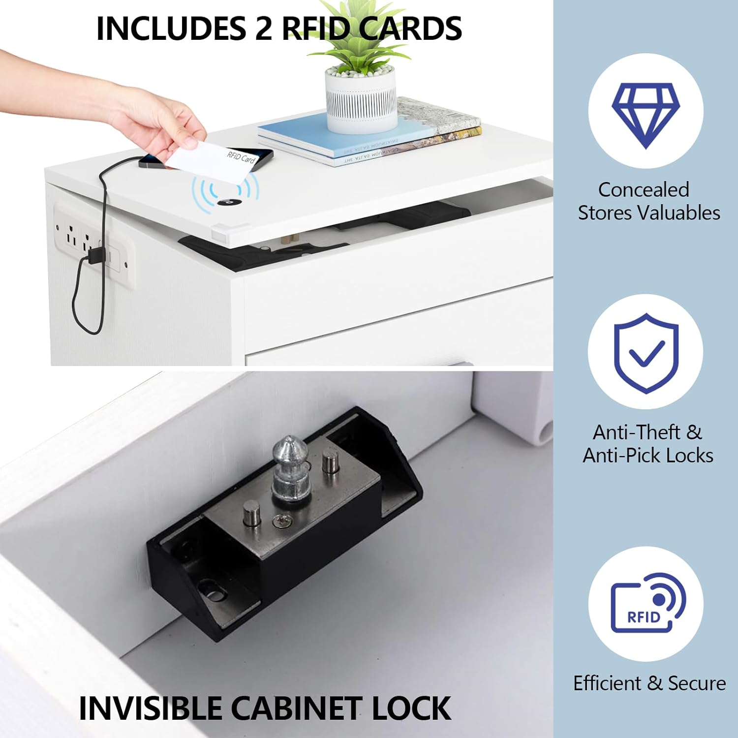 White Nightstand Set of 2 with Charging Station & RFID Lock Cabinet, Hidden Night Stand with LED Lights, Modern Bedside Table with Drawer & Valuables Storage, Secret Concealment Nightstand for Bedroom