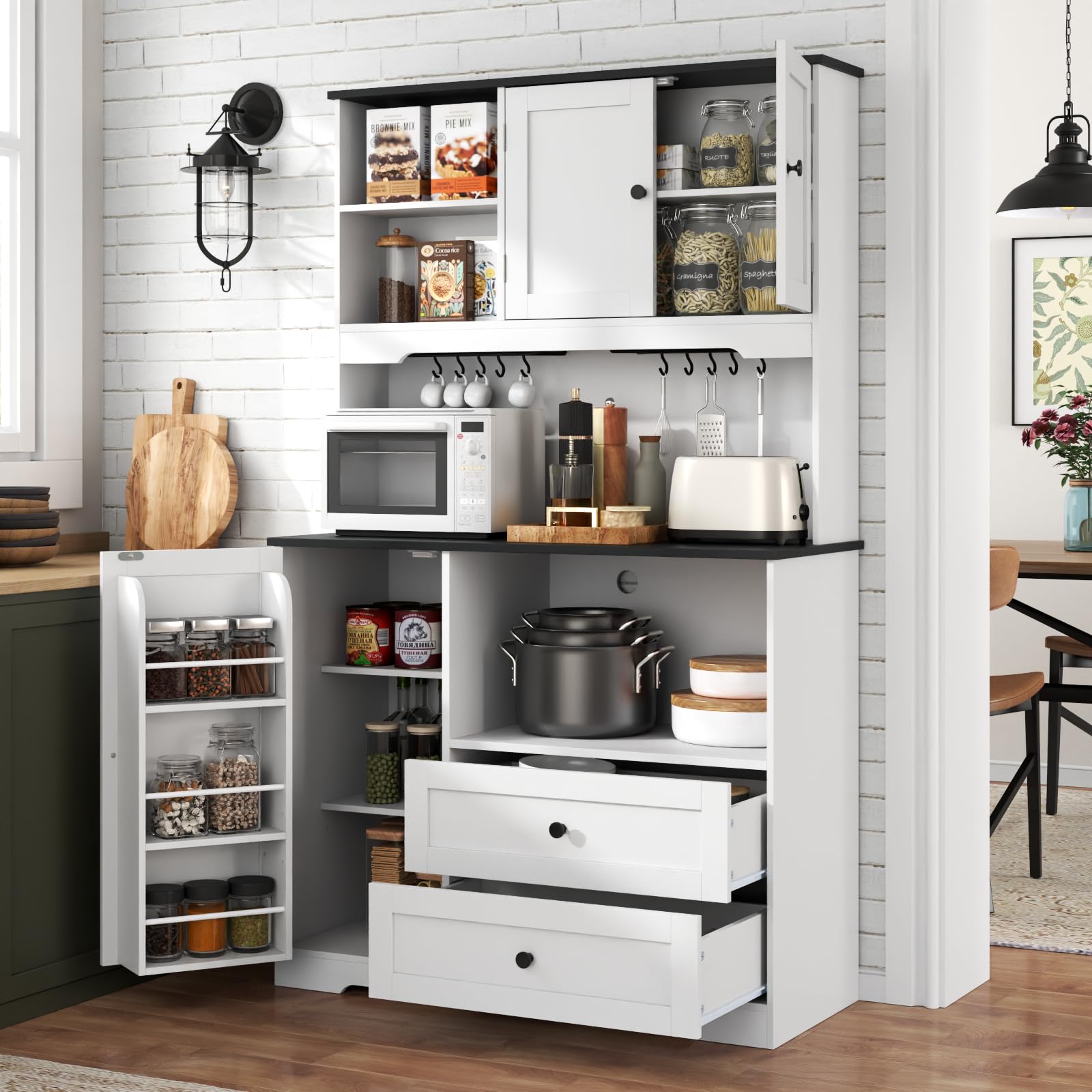 Kitchen Pantry Storage Cabinet,Freestanding Buffet Cabinet with Wine Glass Holder and 2 drawers,Food Pantry with Doors and Shelves,Tall Kitchen Hutch with Microwave Stand for Kitchens (Black)