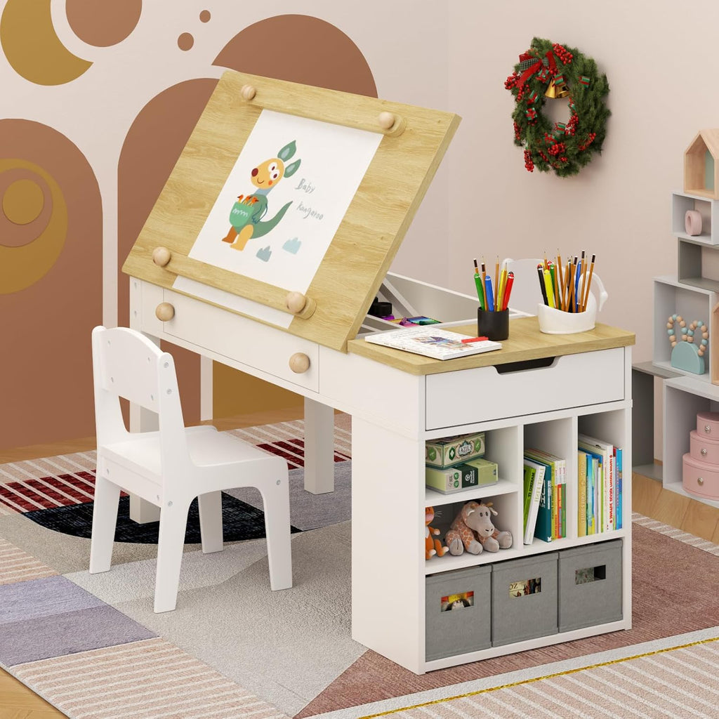 Kids Art Table and 2 Chairs Set,3 in 1 Wooden Craft Desk with 2 Drawers,3 Fabric Drawers,Storage Shelf,Paper Roll,Learning and Reading, Activity Play Desk for Home