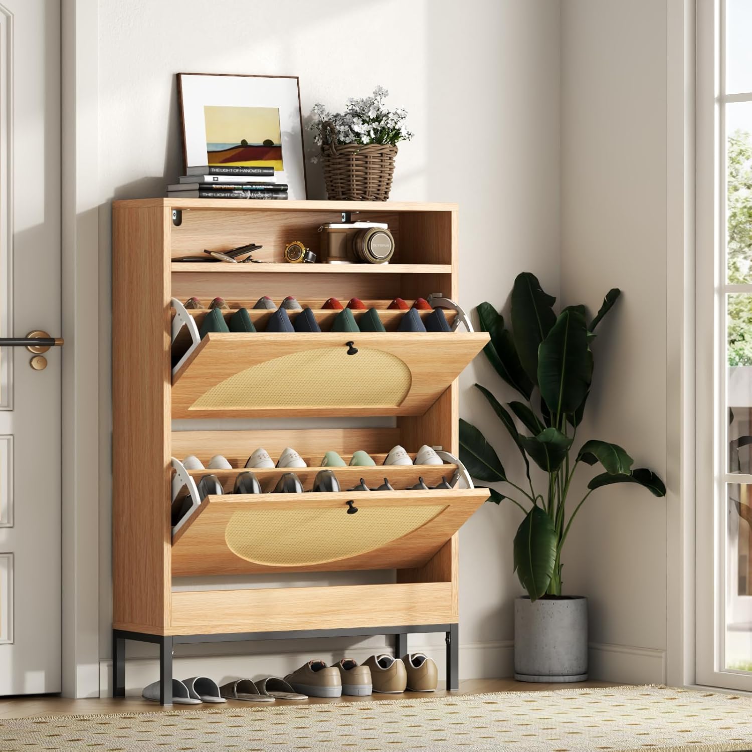 Rattan Shoe Cabinet with 2 Flip Drawers, Free Standing Narrow Shoe Storage Organizer with Top Cubby, Slim Shoe Rack Cabinet for Entryway, Natural (Natural)