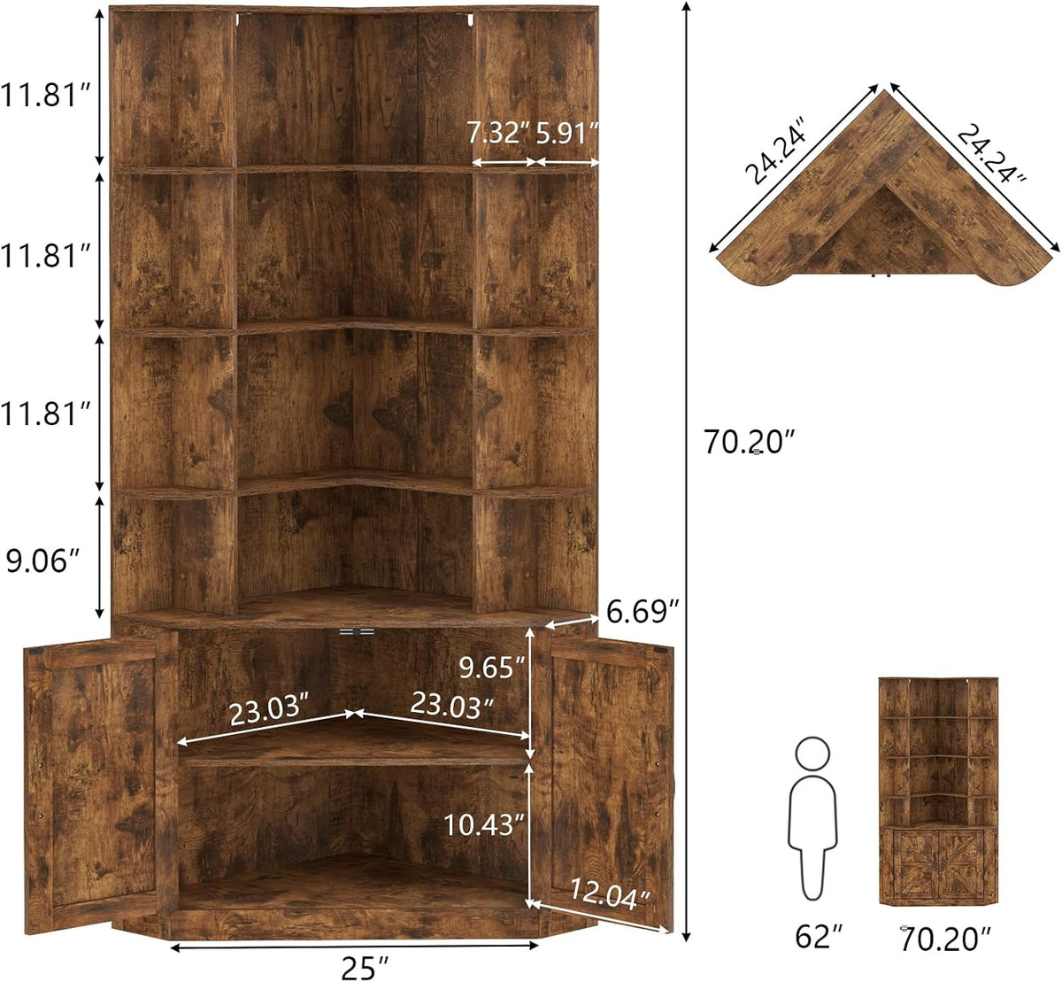 Corner Bookshelf with Doors, 6 Tier Corner Bookcase with Storage Cabinet