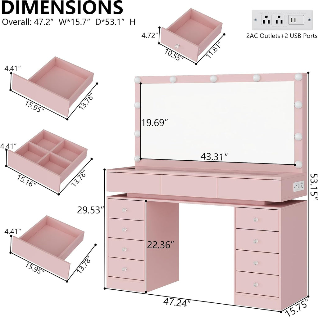 47" Vanity Desk with Mirror and Lights, Pink Makeup Table with Glass Top