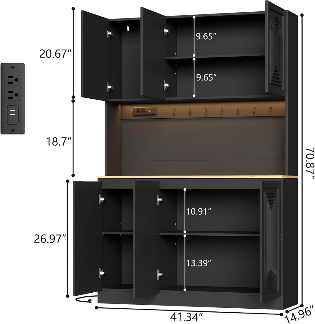71" Black Kitchen Pantry with Power Outlet, Kitchen Hutch with LED Light