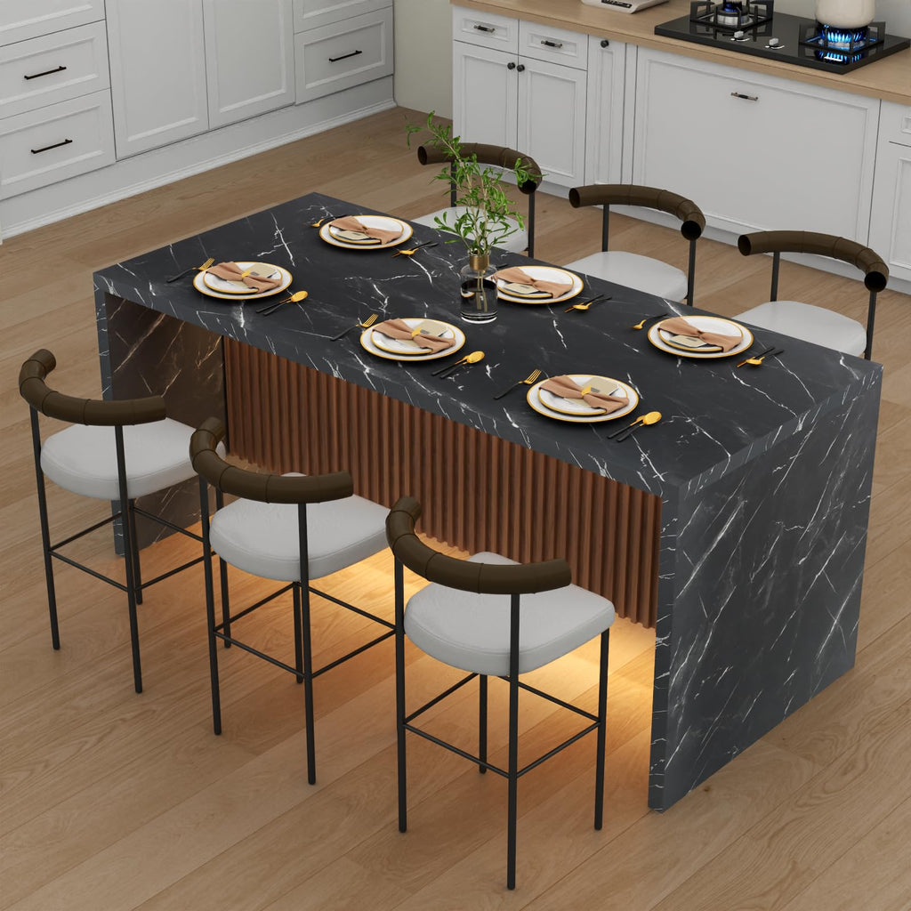 63" Large Imitation Marble Dining Table for 4-6 People(Patent Pending), Island Table with LED Lights, Mordern Marble Stripes Kitchen Dining Table with Grille design for Dining Room,Living Room,White