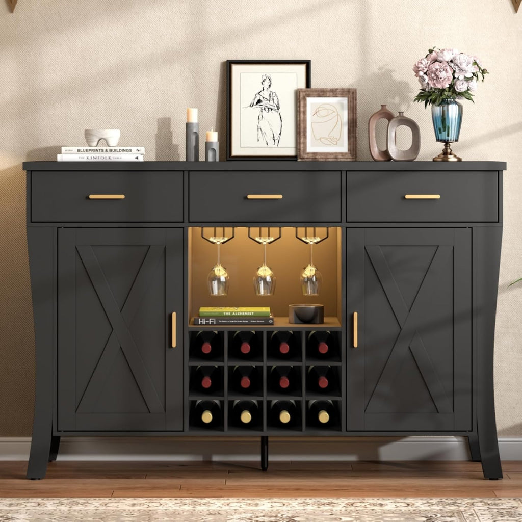 Black Wine Bar Cabinet with LED & Glass Rack, Farmhouse Liquor Cabinet