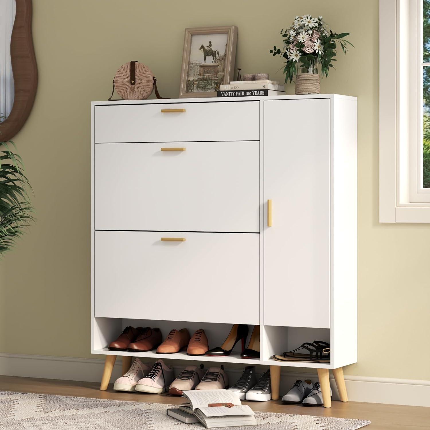 Shoe Cabinet with 3 Flip Drawers & Side Cabinet and Adjustable Shelves, Narrow Entryway Hidden Shoe Rack with Doors, Hallway Organizer (White)