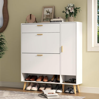 Shoe Cabinet with 3 Flip Drawers & Side Cabinet and Adjustable Shelves, Narrow Entryway Hidden Shoe Rack with Doors, Hallway Organizer (White)