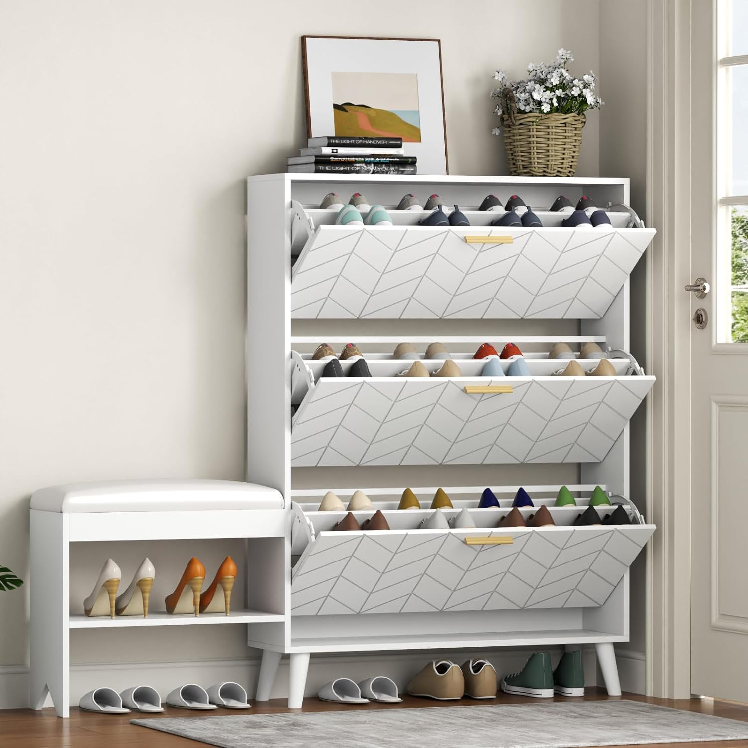 Shoe Storage Cabinet with 3 Flip Drawers, Shoe Cabinet with Bench & Open Shelf for Entryway, Freestanding Narrow Hidden Shoe Rack Organizer with Solid Wood Legs for Hallway (White)