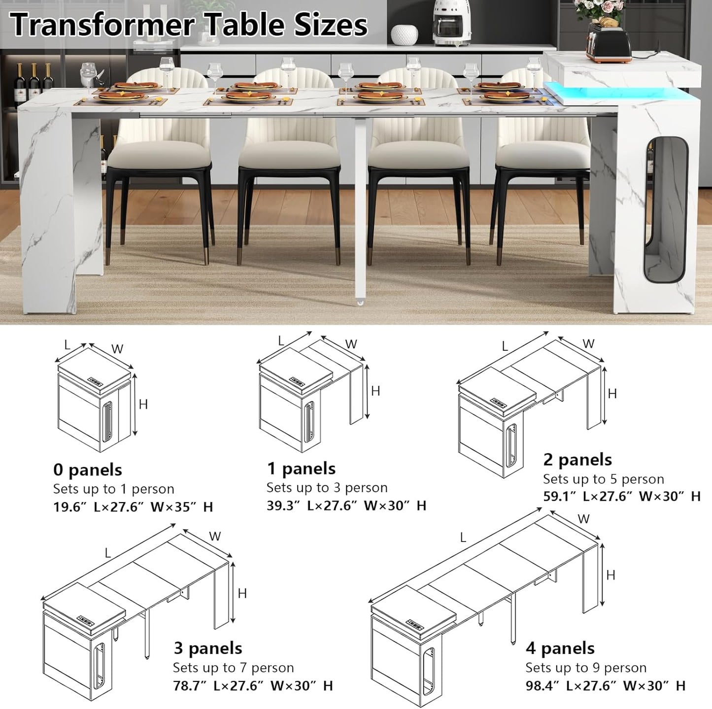 Extendable Dining Table with Charging Station & LED Lights, 19.7" to 98.4" White Faux Marble Dining Table, Rectangle Console Table for 2-8, Modern Space Saving Kitchen Island Table (No Chairs)