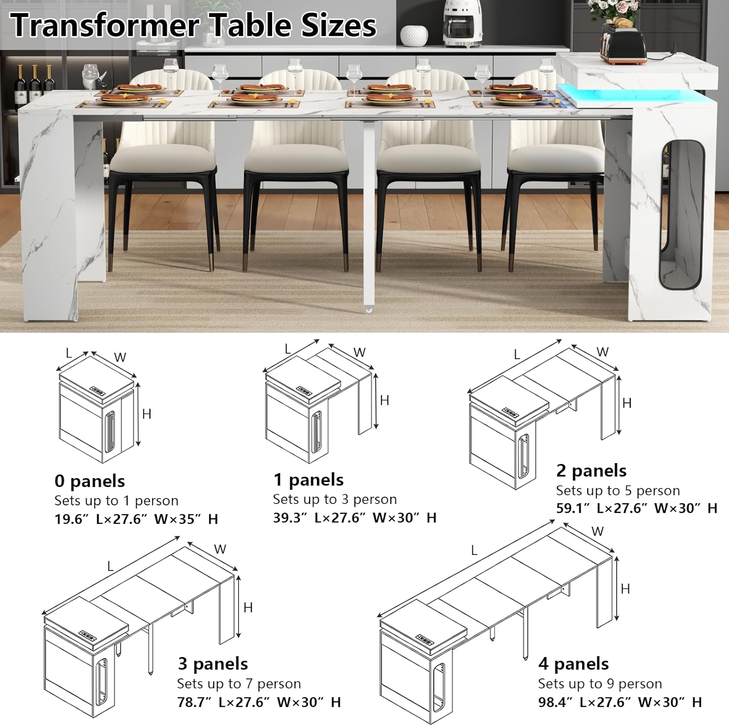 Extendable Dining Table with Charging Station & LED Lights, 19.7" to 98.4" White Faux Marble Dining Table, Rectangle Console Table for 2-8, Modern Space Saving Kitchen Island Table (No Chairs)