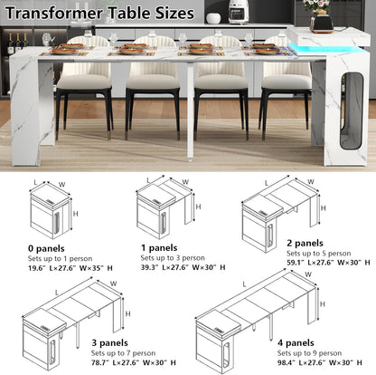 Extendable Dining Table with Charging Station & LED Lights, 19.7" to 98.4" White Faux Marble Dining Table, Rectangle Console Table for 2-8, Modern Space Saving Kitchen Island Table (No Chairs)