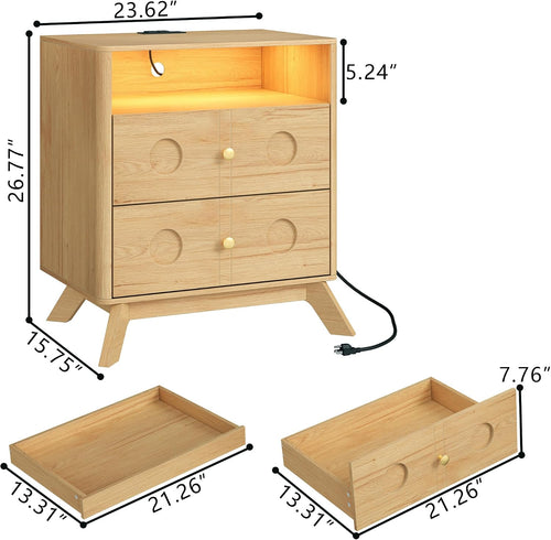 23.6"Nightstand with Charging Station, LED Light & Drawers，Natural Oak