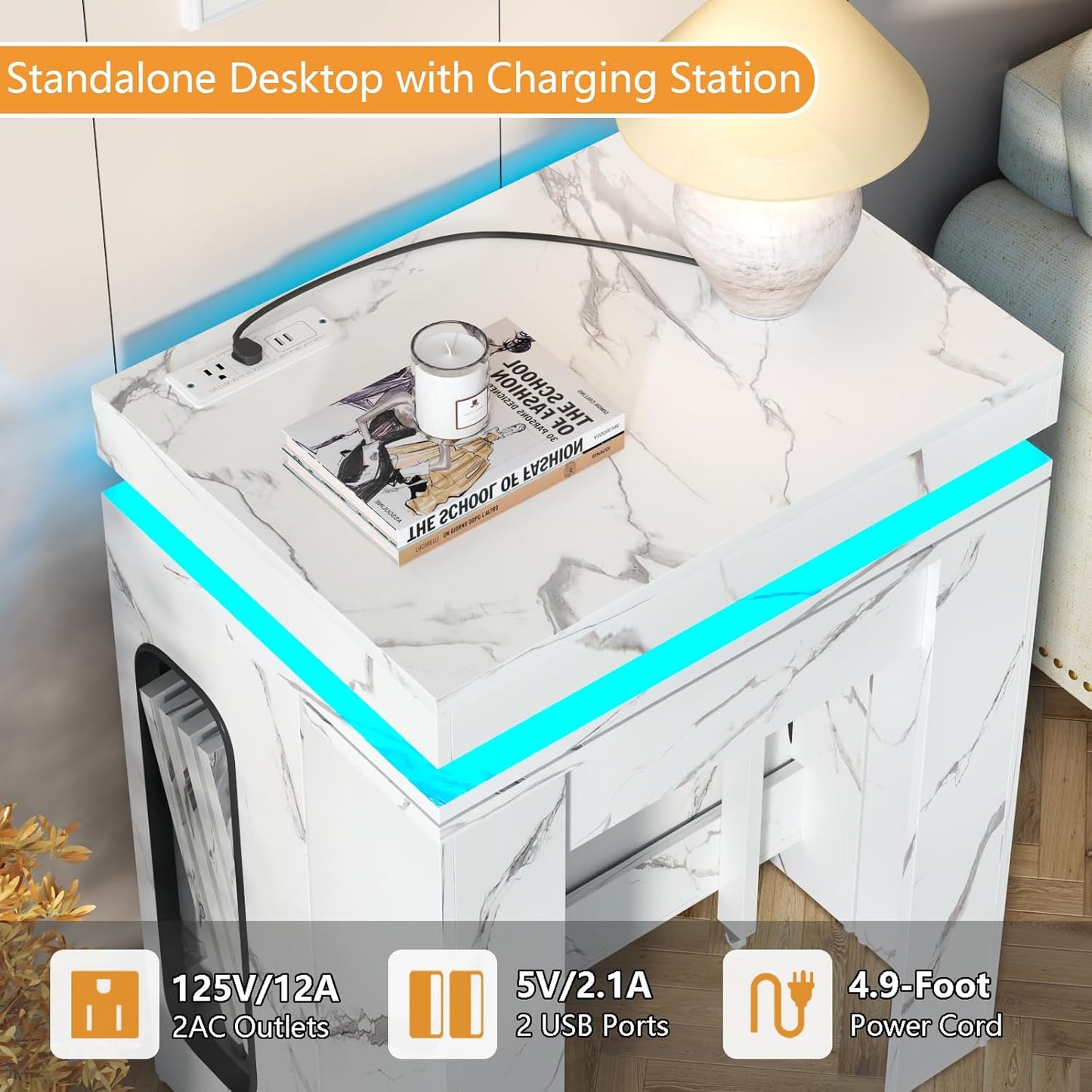 Extendable Dining Table with Charging Station & LED Lights, 19.7" to 98.4" White Faux Marble Dining Table, Rectangle Console Table for 2-8, Modern Space Saving Kitchen Island Table (No Chairs)