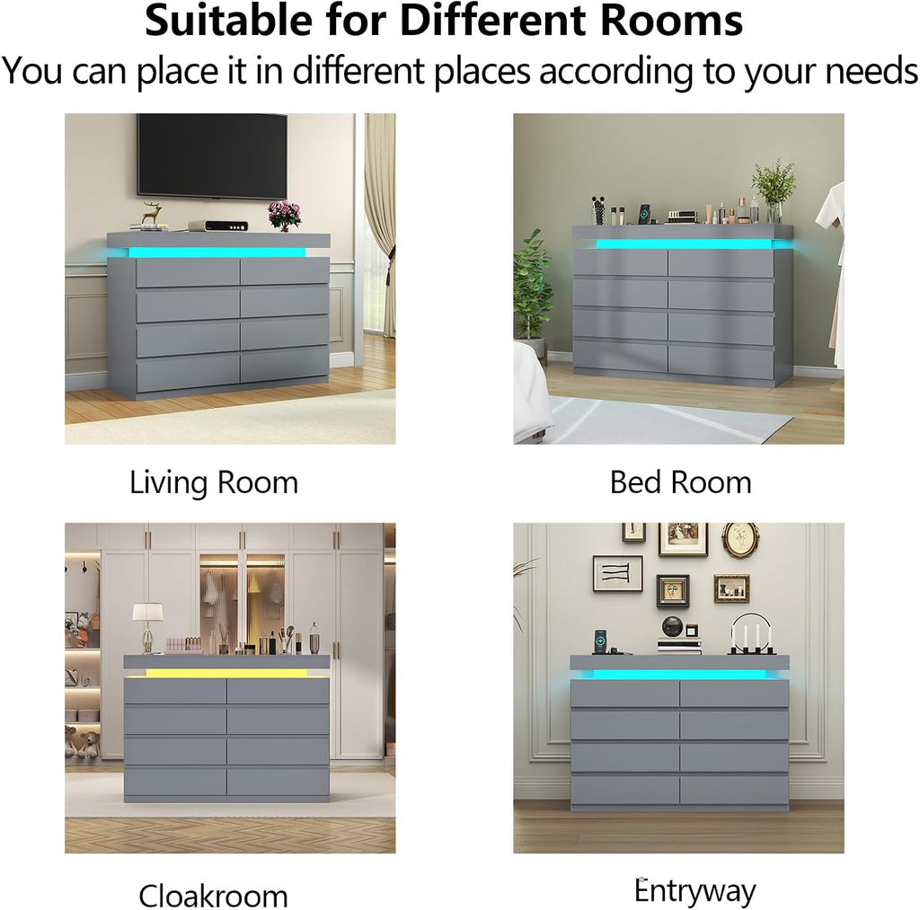 Gyfimoie 8 Drawer Dresser with Power Outlet, Modern Dresser with LED Light